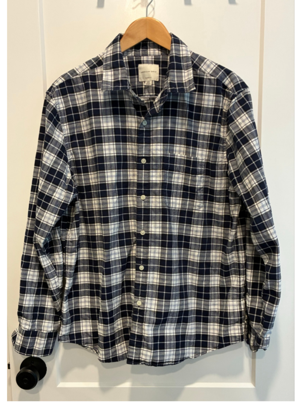 Men's American Eagle Plaid Button Down Shirt Size L Blue White